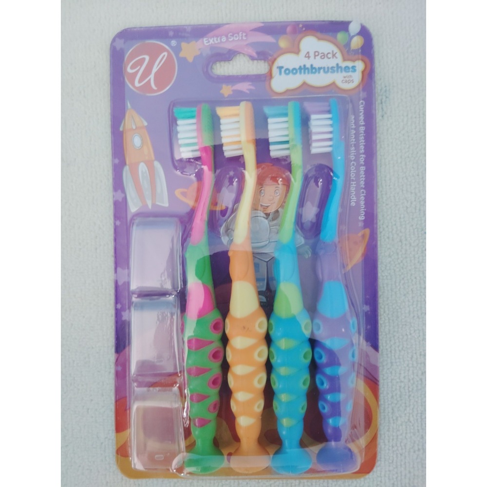 U Extra Soft Toothbrushes 4 Pack w/ Caps Anti-Slip Handle Ages 2-6